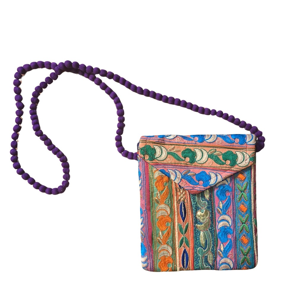 Boho Indie Festival Embroidered Patchwork Crossbody Bag Purple Strap Multicolor